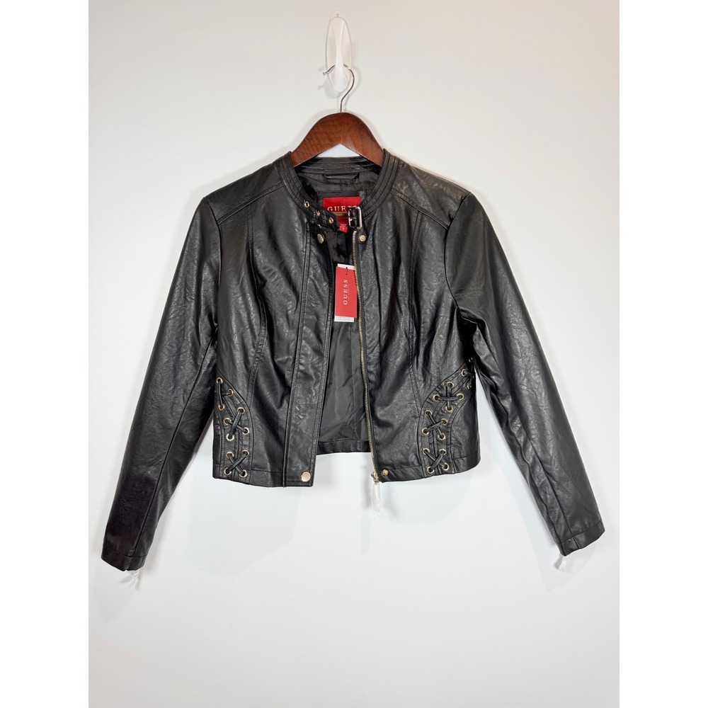 GUESS Ciena STC Moto PU Jacket Jet Black Lace Up Faux Leather R5RL61WGKP0 Size S